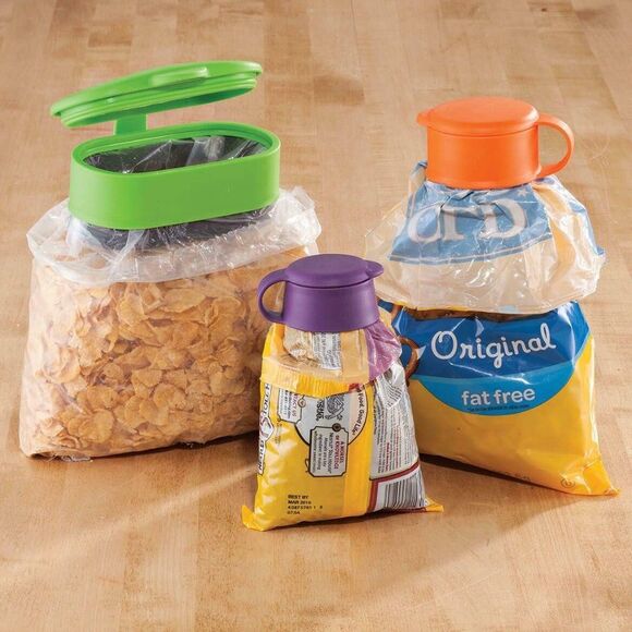 Easy Pour Bag Sealing Chip Clips Flip Top Lid Food-Grade BPA-Free Plastic 3-Pack - Picture 2 of 2